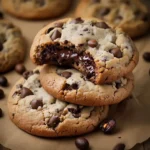 Delicious chocolate chip cookies stacked on parchment paper, showcasing a gooey chocolate filling in the bitten top cookie. Whole coffee beans surround the cookies, highlighting their rich flavor and appealing texture. Perfect for dessert lovers and baking enthusiasts.