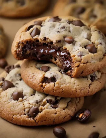 Delicious chocolate chip cookies stacked on parchment paper, showcasing a gooey chocolate filling in the bitten top cookie. Whole coffee beans surround the cookies, highlighting their rich flavor and appealing texture. Perfect for dessert lovers and baking enthusiasts.