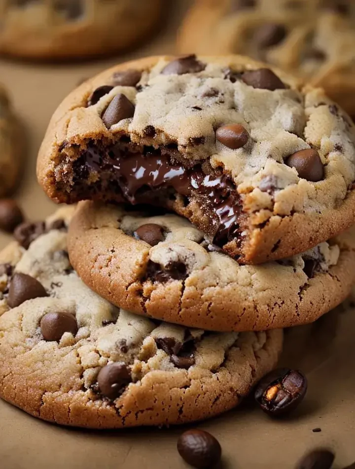 Delicious chocolate chip cookies stacked on parchment paper, showcasing a gooey chocolate filling in the bitten top cookie. Whole coffee beans surround the cookies, highlighting their rich flavor and appealing texture. Perfect for dessert lovers and baking enthusiasts.